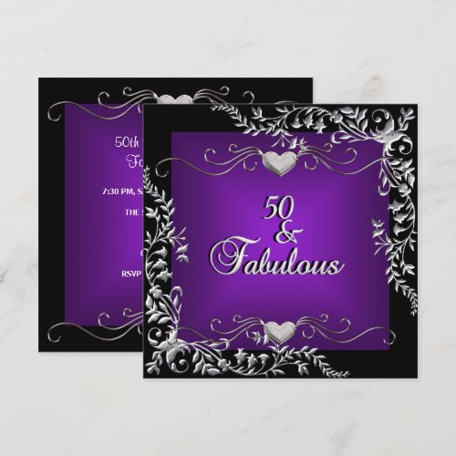 50th Birthday Party Black Bright Deep Purple Big Personalized Invitations