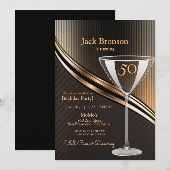 50th Birthday Party Black & Bronze Theme Birthday Invitation (Front/Back)