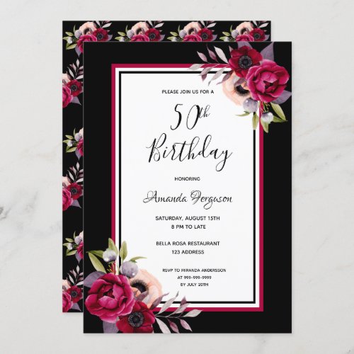 50th birthday party black florals burgundy invitation