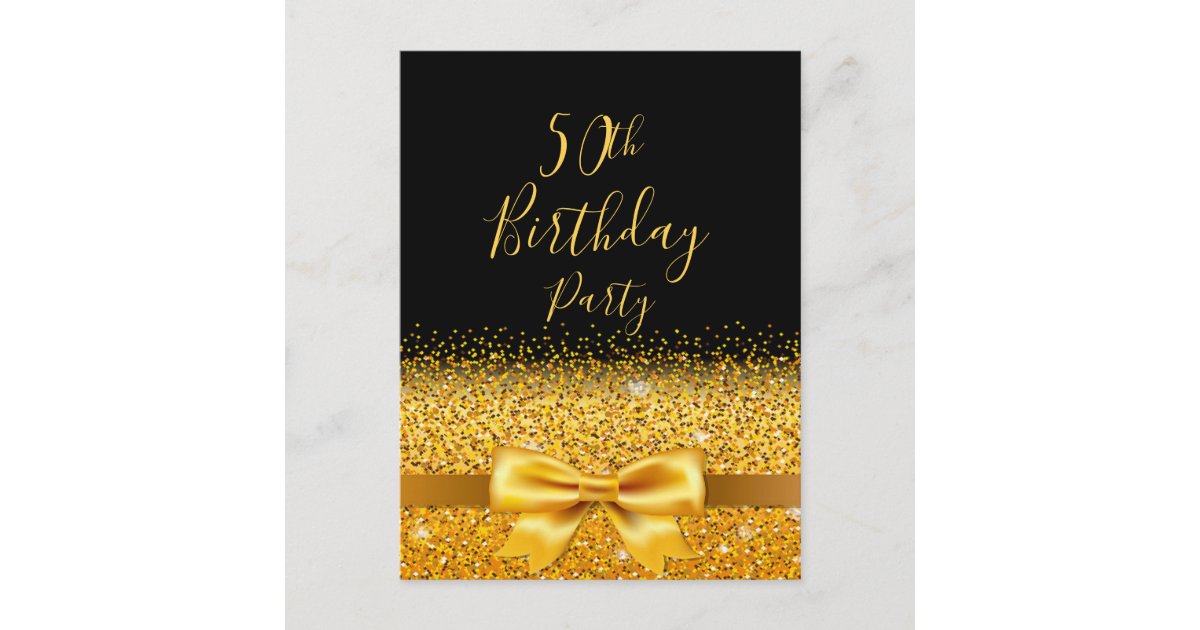 50th birthday party black girlygold bow invitation postcard | Zazzle