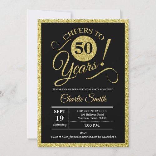 50th Birthday Party _ Black Gold ANY AGE Invitation