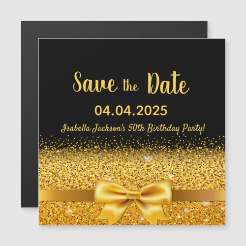 50th birthday party black gold bow save the date magnetic invitation