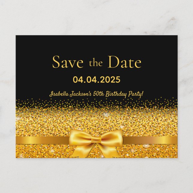 50th birthday party black gold bow save the date postcard (Front)