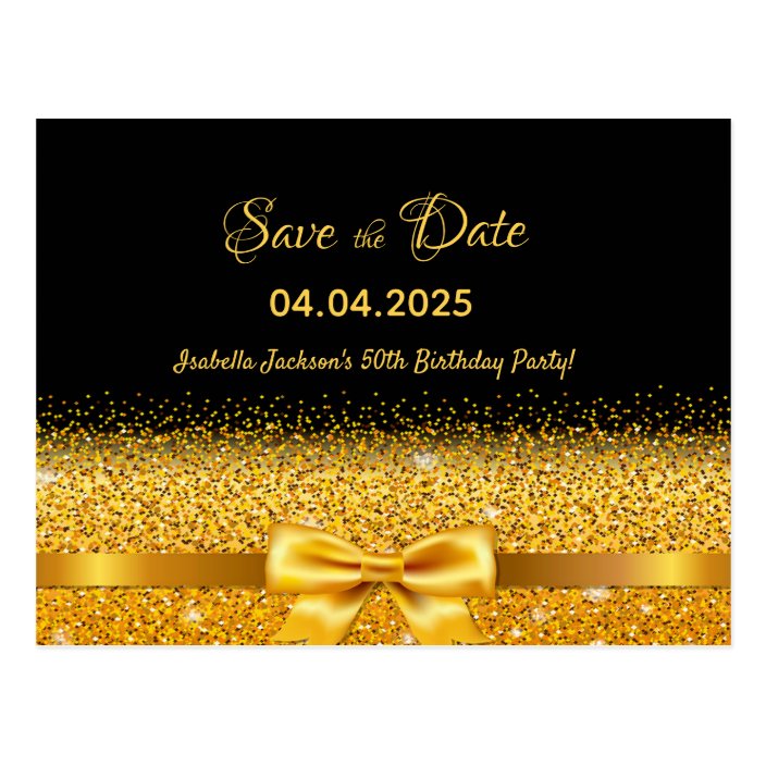 50th birthday party black gold bow save the date postcard Zazzle com