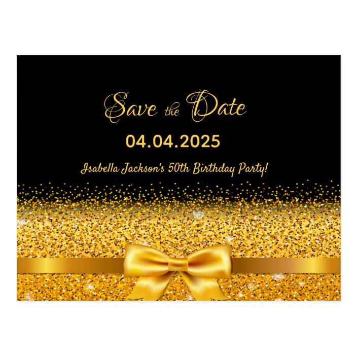 50th Birthday Party Black Gold Bow Save The Date Postcard