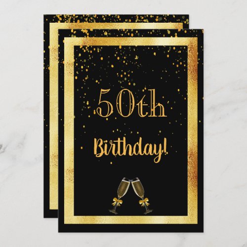 50th birthday party black gold confetti invitation