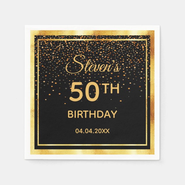 50th birthday party black gold confetti napkins (Front)