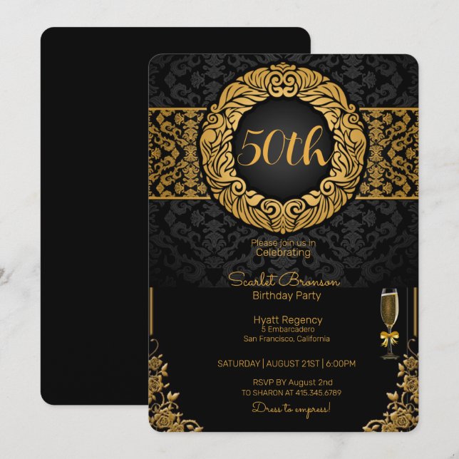 50th Birthday Party Black & Gold Elegant Birthday Invitation (Front/Back)