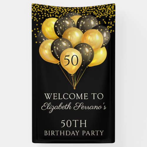 50th Birthday Party Black Gold Glitter Banner