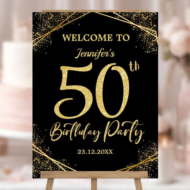 50th Birthday Party Black & Gold Glitter Welcome Foam Board (Creator Uploaded)