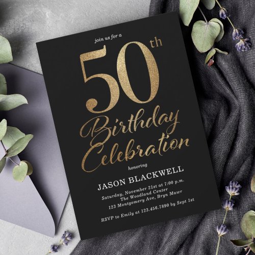 50th Birthday Party Black  Gold Invitation