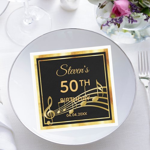 50th birthday party black gold music notes guy napkins