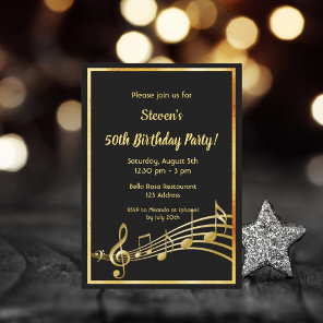 50th birthday party black gold music notes invitation