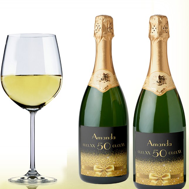 50th birthday party black gold name chic sparkling wine label (Creator Uploaded)