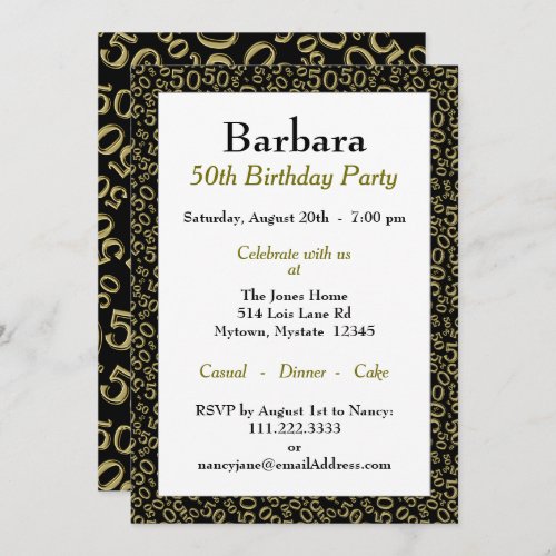 50th Birthday Party BlackGold Number Pattern Invitation