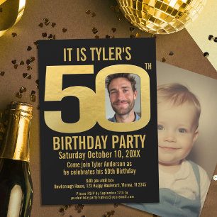 50th Birthday party black gold photo Invitation