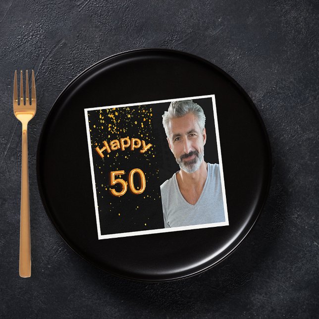 50th birthday party black gold photo men guy napkins (Creator Uploaded)