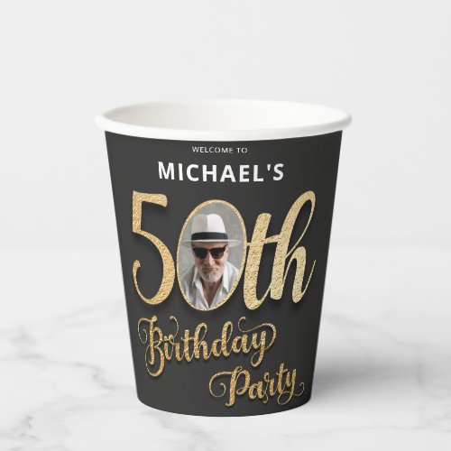 50th Birthday Party Black Gold Text Custom Photo Paper Cups