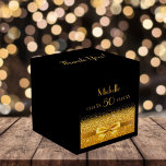 50th birthday party black gold thank you favor boxes<br><div class="desc">Elegant, classic, glamorous and feminine style favor box. A gold colored ribbon and bow with golden glitter and sparkle, a bit of bling and luxury for a 50th birthday party. Black background. With the text: Thank You! on top. Front: Templates for a name, age 50 and date of birth and...</div>