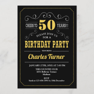 50th Birthday Party - Black Gold White Invitation