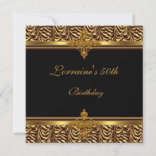 50th Birthday Party Black gold Zebra Stripe Invitation