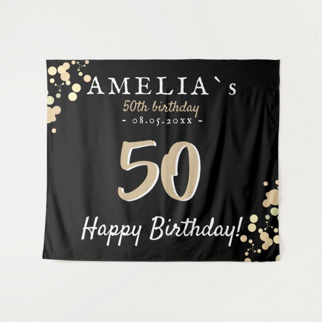 50th Birthday Party Black Golden Backdrop (Front (Horizontal))