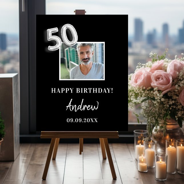 50th birthday party black photo name guy foam board (Creator Uploaded)