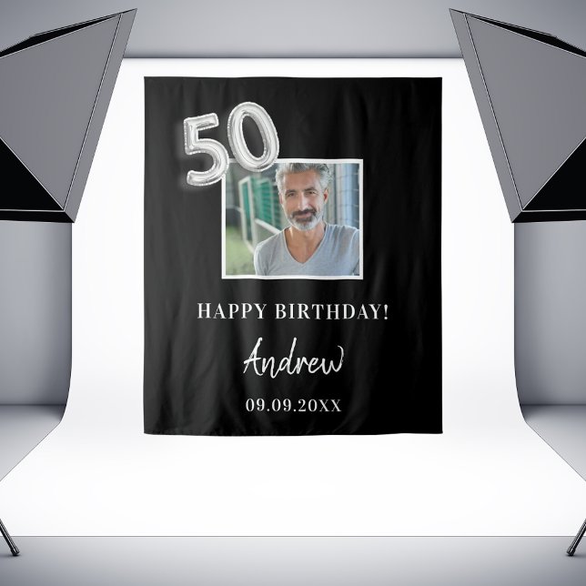 50th birthday party black photo name guy tapestry (Creator Uploaded)