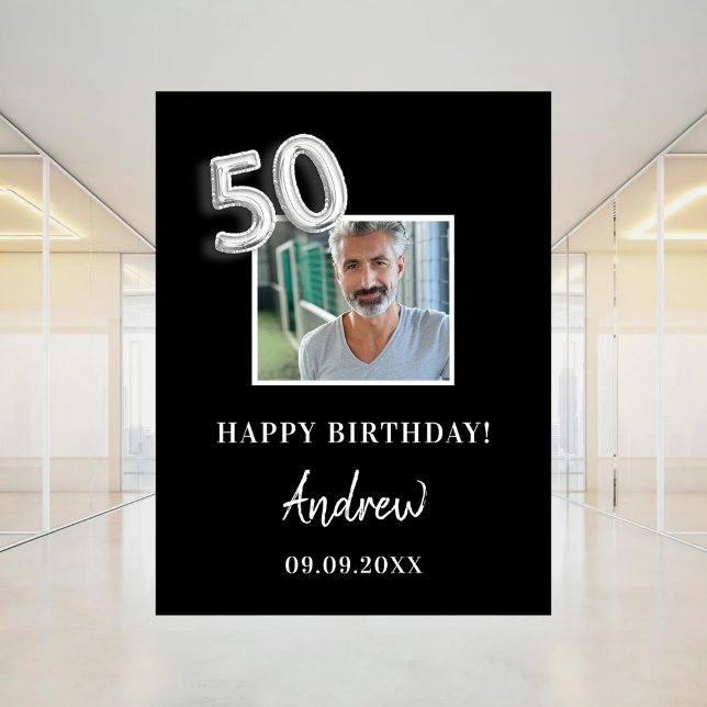 50th birthday party black photo name guy  window cling (Creator Uploaded)