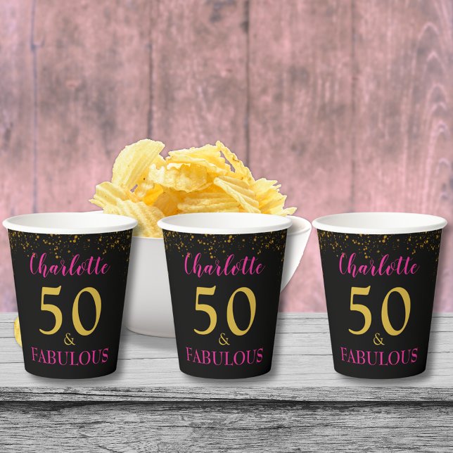 50th Birthday Party Black Pink Gold Personalized Paper Cups (Stylish 50 & fabulous pink black and gold 50th birthday party custom name paper cups)