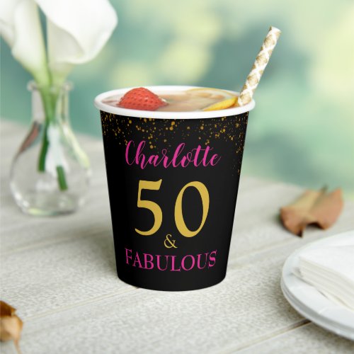 50th Birthday Party Black Pink Gold Personalized Paper Cups
