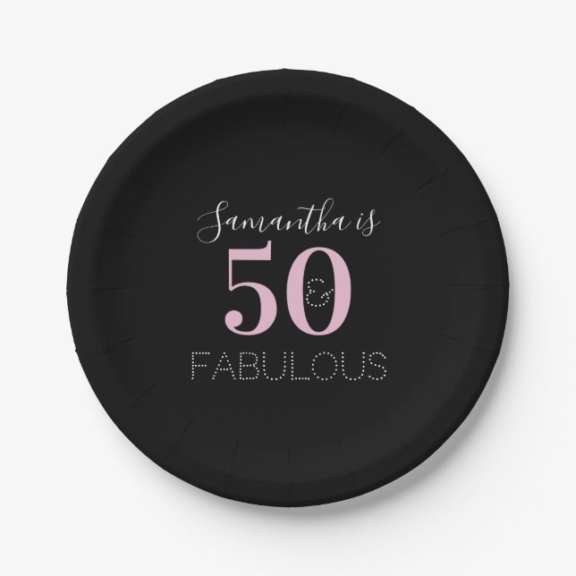 50th Birthday Party Black Pink Paper Plates (Front)