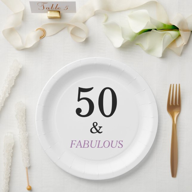 50th Birthday Party Black Purple Text Paper Plates (Wedding)