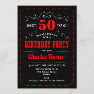 50th Birthday Party - Black Red White Invitation