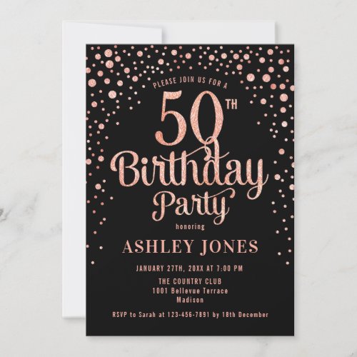 50th Birthday Party _ Black  Rose Gold Invitation