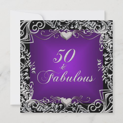 50th Birthday Party Black Silver Deep Purple Invitation