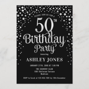 50th Birthday Party - Black & Silver Invitation