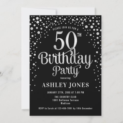 50th Birthday Party _ Black  Silver Invitation