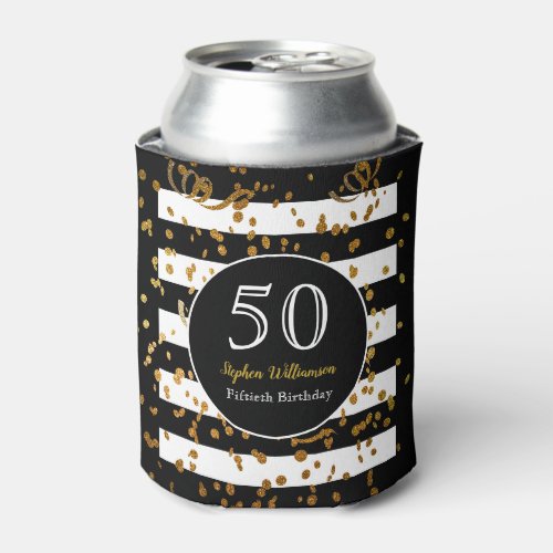 50th Birthday Party Black White and Gold Glitter Can Cooler