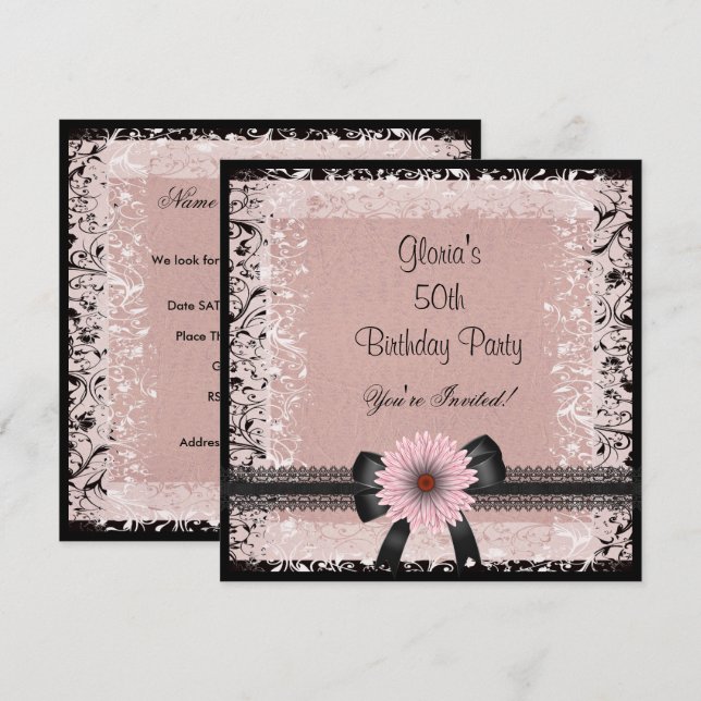 50th Birthday Party Black White Beige Pink Floral Invitation (Front/Back)