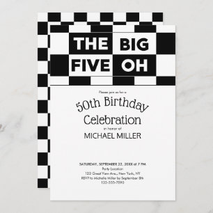 50th Birthday Party Black White Checkered Pattern Invitation