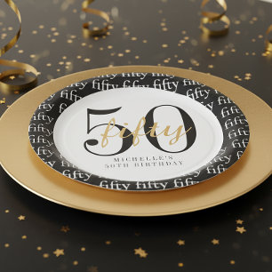 50th Birthday Party Black White Fifty Paper Plates