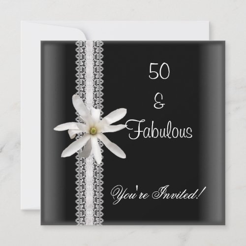 50th Birthday Party Black White Flower Lace Invitation