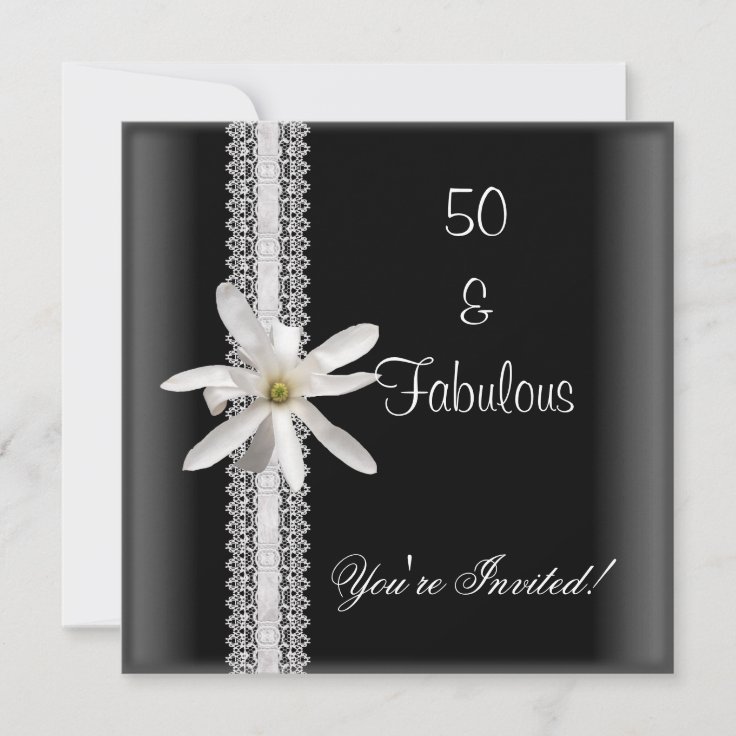 50th Birthday Party Black White Flower Lace Invitation Zazzle