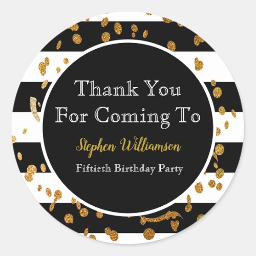 50th Birthday Party Black White Gold Thank You Classic Round Sticker