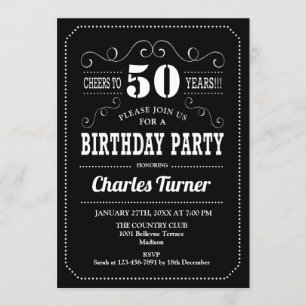 50th Birthday Party - Black White Invitation