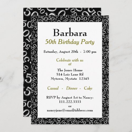 50th Birthday Party BlackWhite Number Pattern Invitation
