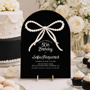 50th Birthday Party Black White Pearl Bow Arch Invitation