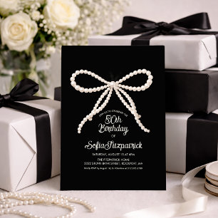 50th Birthday Party Black White Pearl Bow Invitation