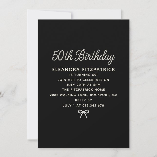 50th Birthday Party Black White Pearl Script Bow Invitation (Front)